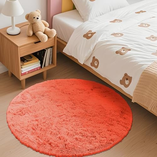 OLANLY Coral Red Round Rugs for Bedroom - Machine Washable, 3 ft Circle Area Rugs for Living Room, Soft and Fluffy Shaggy Carpet for Teen Girl and Boys, Nursery Rooms, Dorms, Home Decor Aesthetic