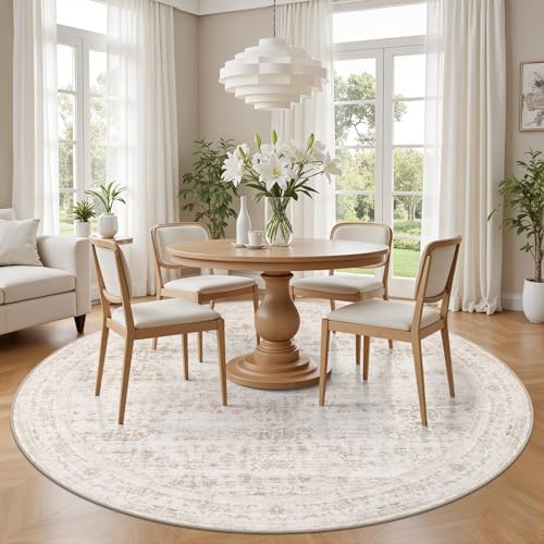 Round Area Rug for Living Room: 4ft Boho Washable Rug Beige Brown