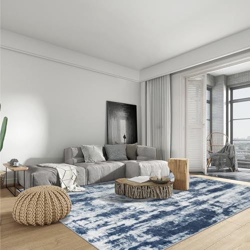 8x10 Area Rugs for Living Room: Washable Abstract Blue Grey Bedroom Carpet