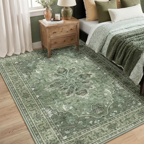 RELEANY Washable Area Rug, 5'x7', Green/Dark Green/Gray
