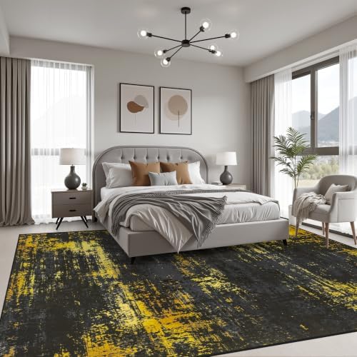 10x14 Area Rug Living Room: Modern Washable Soft Carpet Black Gold
