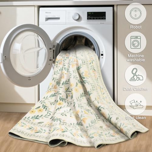 PLHXFR Area Rug Living Room: 4x6 Floral Washable Boho Carpet Beige Multi