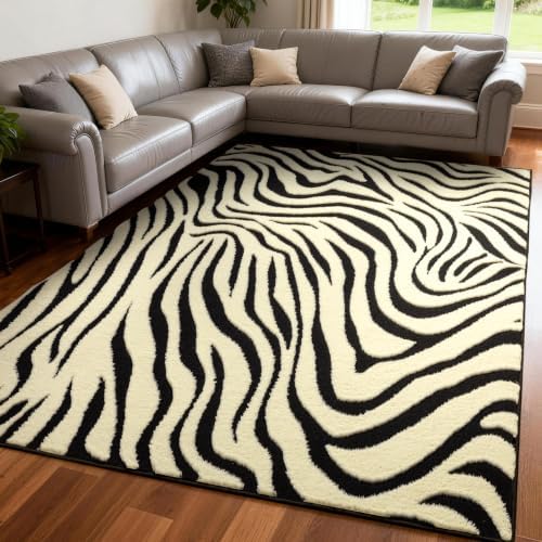 YIHOUSE 5×7 Ft Area Rugs for Living Room: Modern Washable Rug - Abstract Black and Cream White Rug for Bedroom Dining Room Office Playroom Nursery Home Decor - Nonslip Non-Shedding Striped Rugs