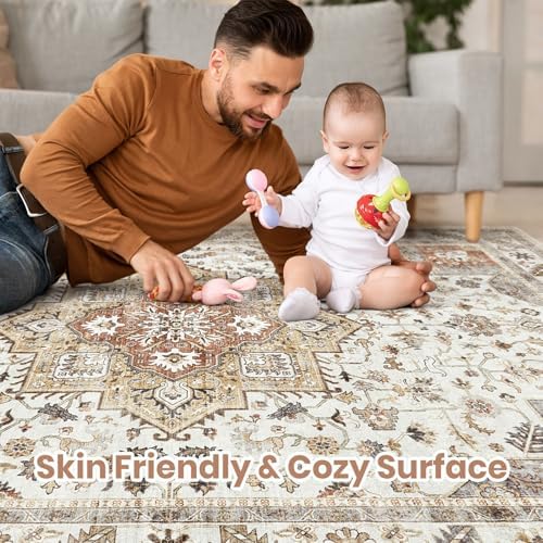 cotiled 5x8 Area Rug for Living Room, Washable, Traditional, Golden Taupe