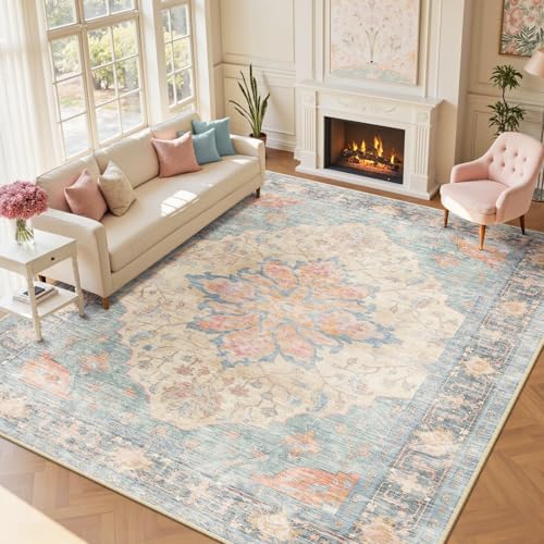 RELEANY Washable Area Rug, Large 10'x12', Blue/Orange/Red