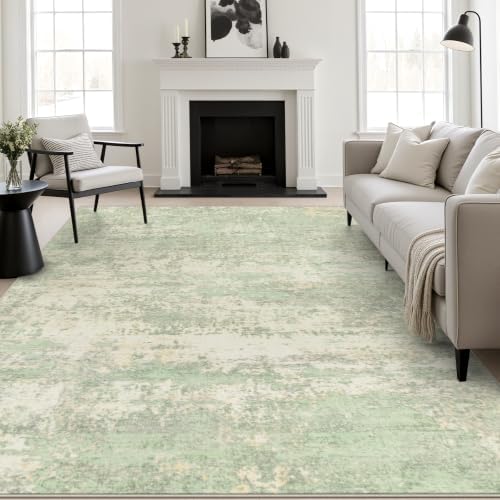 9x12 Area Rug Living Room: Modern Washable Soft Carpet Green Cream