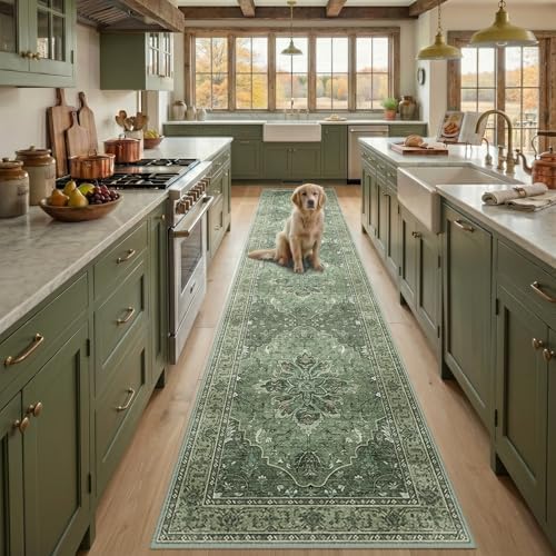 RELEANY Washable Area Rug, Runner 2'x9', Green/Dark Green/Gray