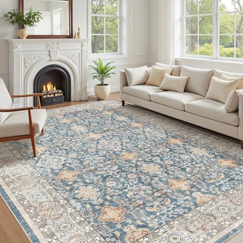 cotiled 9x12 Area Rug for Living Room, Washable, Traditional, Dark Blue