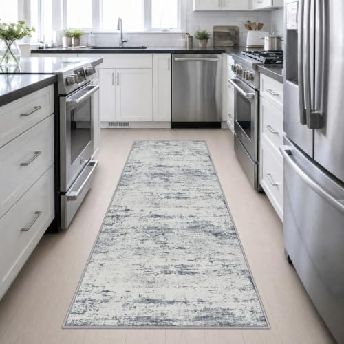 3x10 Washable Runner Rug：Modern Abstract Soft Carpet Blue Grey
