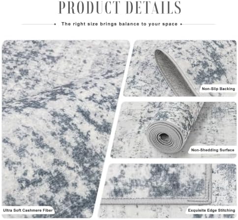 3x10 Washable Runner Rug：Modern Abstract Soft Carpet Blue Grey