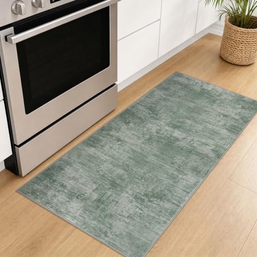 IOHOUZE Abstract Runner Rug 2x5 Ft Washable Runners for Hallways, Non Slip Kitchen Runner Printed Faux Wool Entryway Runner Indoor, Modern Abstract Floor Carpet for Hall Kitchen Bedroom, Sage Green