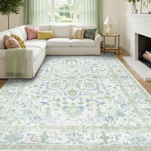 CAPALOCA 9x12 Washable Nursery Girls Low Pile Area Rug Green Blue