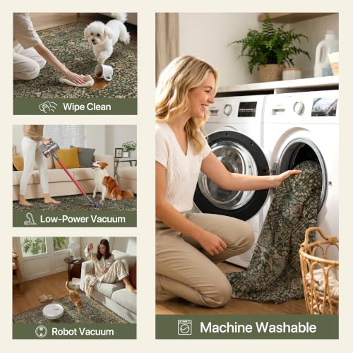 Bavni 4x6 Washable Area Rug for Living Room, Dark Green Brown