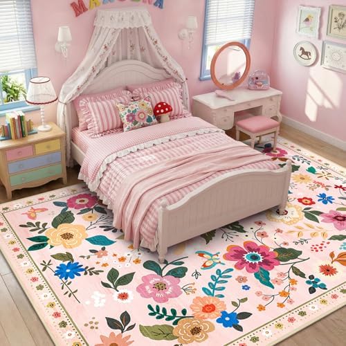 RELEANY Floral Washable 9x12 Area Rugs Pink