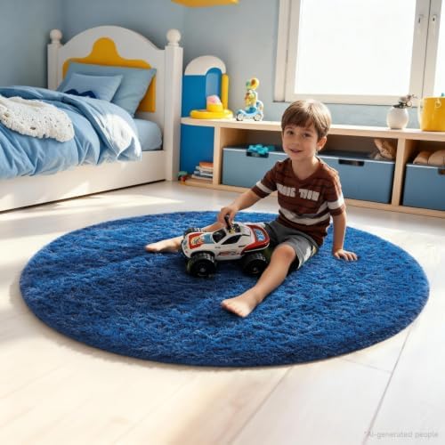 Ophanie Round Rug 4Ft Blue Circle Area Rug, Boys Room Decor, Fluffy Fuzzy Bedroom Carpet, Plush Soft Shaggy Living Room Rugs for Kids Home Decor Aesthetic, Nursery with 99 pcs Pile fibers