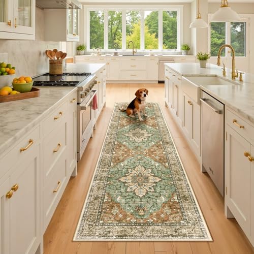 RELEANY Washable Area Rug, Runner 2'x8', Brick/Brown/Green