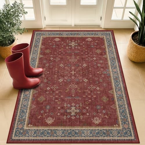 Washable 3x5 Entry Way Rugs Indoor - Burgundy Large Kitchen Rug, Non Slip Unique Bohemian Red Low Pile Thin Carpet for Bedroom Bedside, Foyer