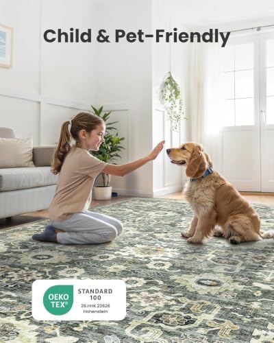 Amada 8x10 Washable Area Rug for Living Room, Green/Brown, Vintage Pattern