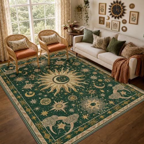 Vacuum-Friendly, 6x9 Washable Area Rug, Green Gold Yellow