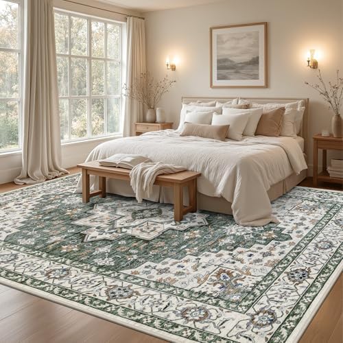 9x12 Area Rugs Living Room: Washable Rug for Bedroom Green Ivory