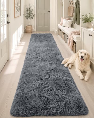 OLANLY 2x7 Machine Washable Runner Rugs for Hallway, Soft Fluffy Shaggy Bedside Rugs for Bedroom, Living Room, Indoor Floor Carpet for Kids Girls and Boys, Nursery Rooms, Home Decor Aesthetic, Grey