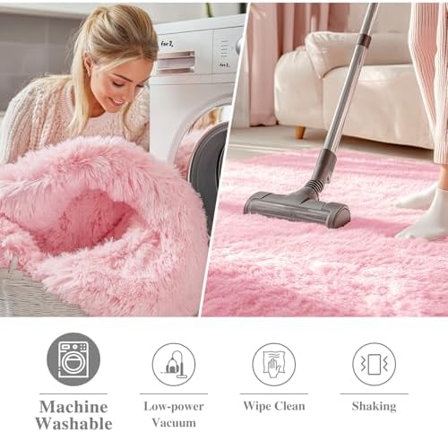 OLANLY Pink Round Rugs for Bedroom - Machine Washable, 9 ft Circle Area Rugs for Living Room, Soft and Fluffy Shaggy Carpet for Teen Girls and Boys, Nursery Rooms, Dorms, Home Decor Aesthetic