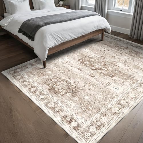 Hazo Haus Washable Neutral Farmhouse Living Room Rug, 5x8 Area Rugs for Bedroom Under Bed, Nursery Room, Boho Vintage Floral Non-Slip Rug Low Pile Stain Resistant (5x8 Beige/Latte)