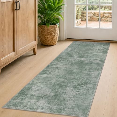 IOHOUZE Abstract Runner Rug 2x5 Ft Washable Runners for Hallways, Non Slip Kitchen Runner Printed Faux Wool Entryway Runner Indoor, Modern Abstract Floor Carpet for Hall Kitchen Bedroom, Sage Green