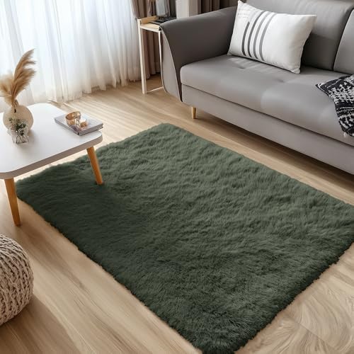 OLANLY 3x5 Machine Washable Small Bedside Rug, Soft Fluffy Shaggy Rugs for Living Room, Bedroom, Indoor Floor Carpet for Kids Girls and Boys, Preppy Dorms, Nursery, Home Decor Aesthetic, Olive Green