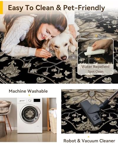 RELEANY Washable Area Rug, Round 7ft, Black/Neutral