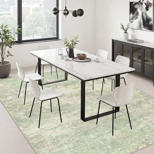 9x12 Area Rug Living Room: Modern Washable Soft Carpet Green Cream