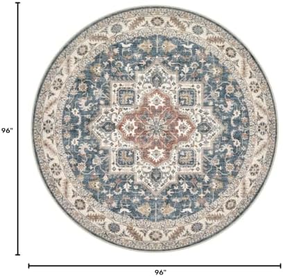 cotiled 8ft Round Living Room Area Rug, Washable, Traditional, Vintage Blue
