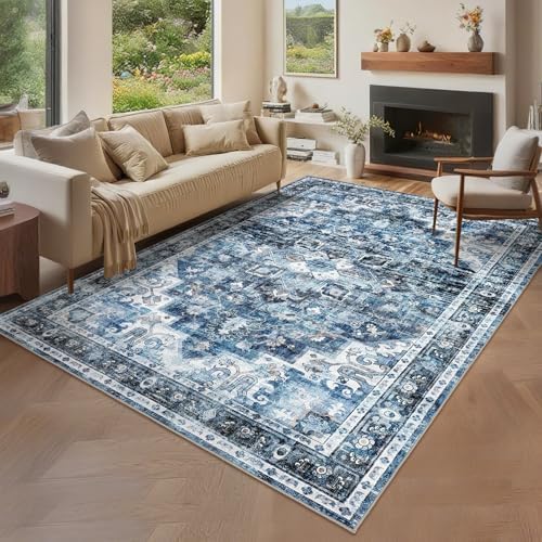 GarveeHome 9x12 Washable Rugs for Living Room Vintage Area Rug Blue