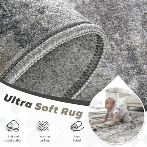 pmtsns Area Rugs 2x8 Runner Rug: Washable Hallway Rug Modern Abstract Neutral Soft Non-Slip Low-Pile Indoor Carpet for Kitchen Bedside Entrance Laundry (Black Grey Brown, 2'x8')