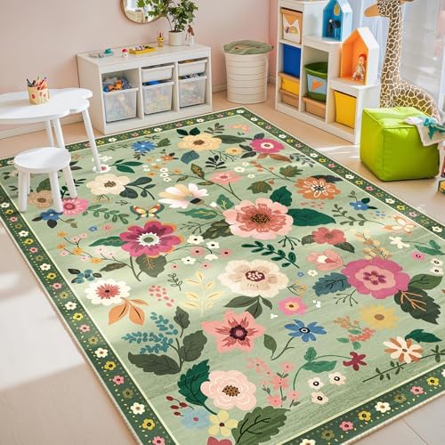 RELEANY Floral Washable 5x7 Area Rugs LightGreen