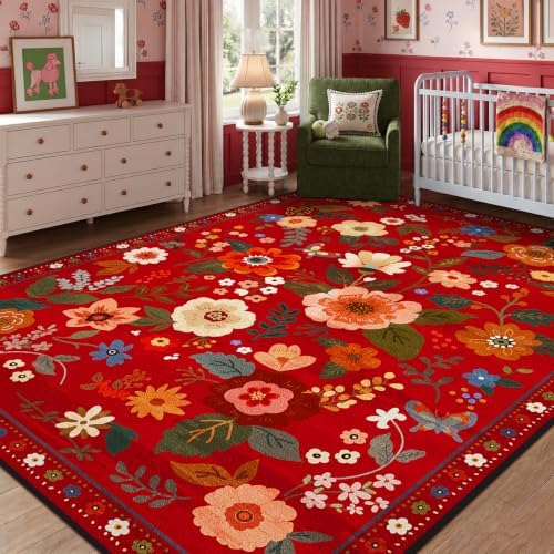 Floral Washable 8x10 Area Rugs Red/Orange