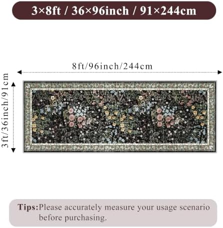 Washable Hallway Runner Rug 3x8: Vintage Botanical Floral Rug for Apartment Hallway Foyer - Machine Washable Non Slip Low Pile Carpet - Soft Foldable Runner for High Traffic Areas - 3'x8' Black