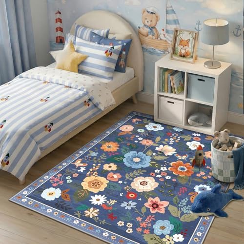 RELEANY Floral Washable 3x5 Area Rugs Blue/Grey