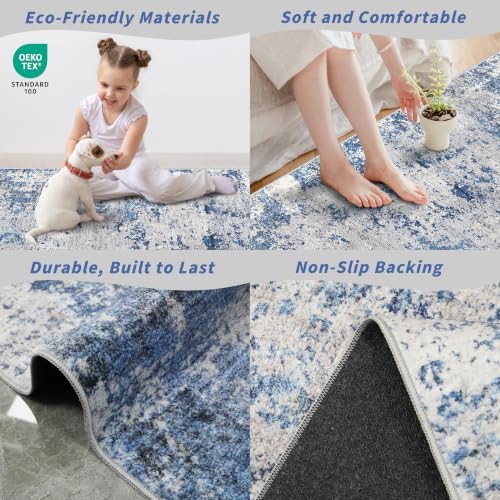 8x8 ft Square Living Room Rug - Washable Modern Neutral Abstract Area Rug for Bedroom, Dining Room, Kitchen Non-Slip Soft Low-Pile Indoor Floor Carpet (Blue Ivory Grey, 8x8)