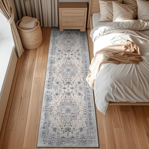 BESTSWEETIE Washable Boho 2x8 Runner Rug, No Pile, Living Room, Beige Blue