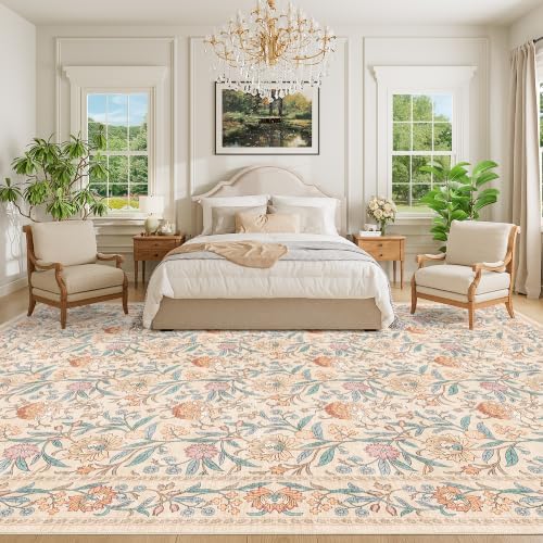 DUKINO 10x12 Area Rug for Living Room, Vintage Floral Washable Rug Beige