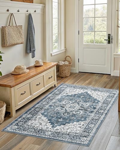 Amada 3x5 Washable Area Rug for Bedroom, Blue, Vintage Pattern