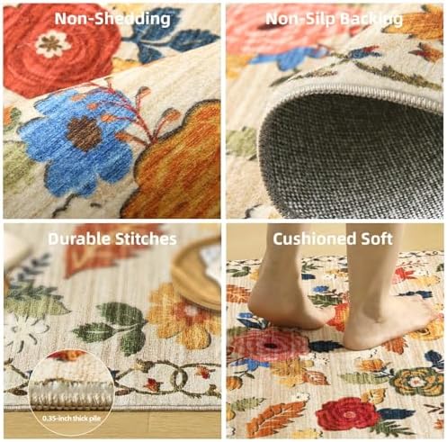 10x14 Area Rugs for Living Room: Large Washable Rug Lightweight Non Slip Low Pile Soft Faux Wool Non Shedding Distressed Vintage Floral Carpet Rugs for Bedroom Dining Room Nursery Farmhouse
