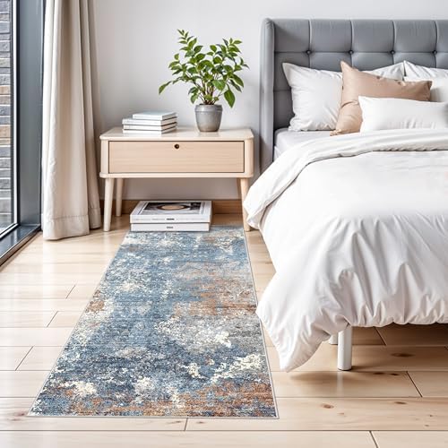 2x4 Runner Rug Washable Non-Slip – Small Throw Rug for Kitchen Floor, Bedroom, Entryway, Bathroom, Bedside – Modern Abstract Neutral Low-Pile Thin Indoor Door Mat（Blue Rust,2x4）