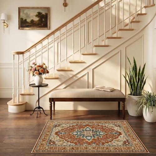 RELEANY Washable Area Rug, Small 2'6"x4', Red/Orange/Blue/Brown