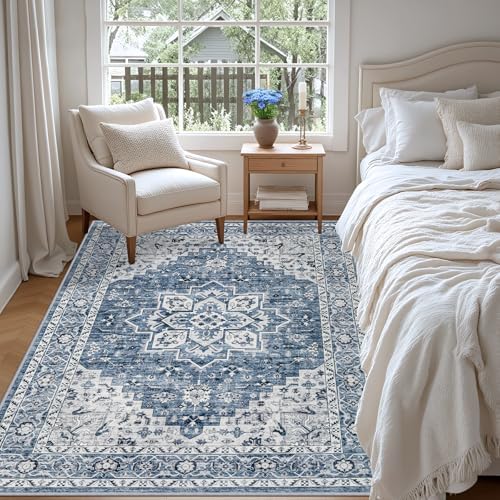 8x8 Area Rugs Living Room: Washable Vintage Rug for Bedroom Blue