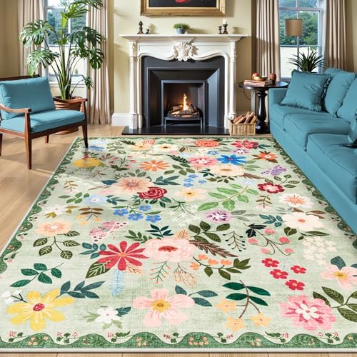 PLHXFR Area Rug 9x12 Living Room: Floral Washable Boho Soft Carpet Green