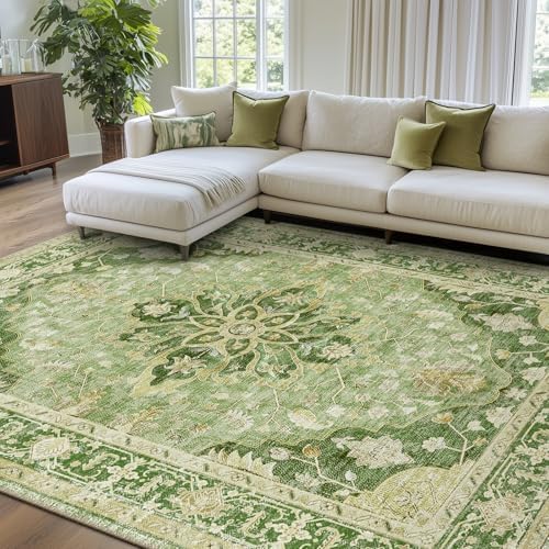 RELEANY Washable Area Rug, 7'x10', Green/Yellow