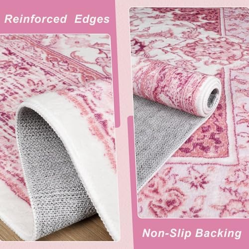 Macgace Washable Vintage Area Rug for Entryway, 2x3 Small Rugs Bright Pink
