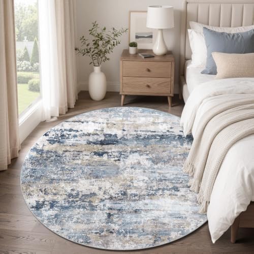 pmtsns Round Rug 4ft for Bedroom: Washable Circle Rug Modern Abstract Neutral Soft Non-Slip Low-Pile Entryway Carpet for Living Room Dining Room Nursery Home Office (Blue Grey Brown, 4' Round)
